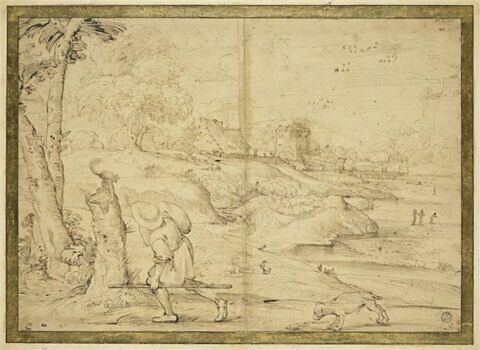 Paysage avec une ville au bord d'une rivière, et un homme suivi de son chien, image 1/2