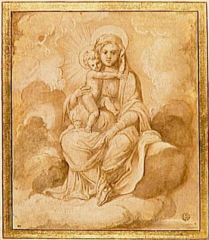 La Vierge assise avec l'Enfant Jésus, sur des nuages, image 1/2