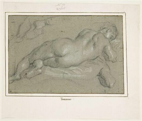 Etude d'une femme nue, allongée, vue de dos, et reprise des pieds et du bras, image 1/2