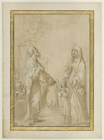 Saint Adrien ? et sainte Françoise-Romaine, devant une vue de Bologne