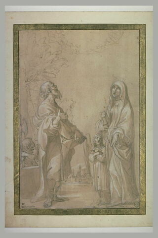 Saint Adrien ? et sainte Françoise-Romaine, devant une vue de Bologne, image 2/2