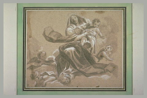 La Vierge à l'Enfant sur des nuages entourée d'anges