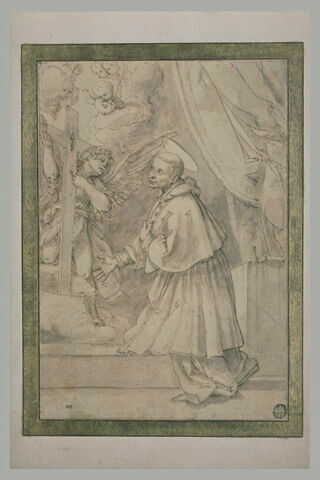 Saint Charles Borromée en prière devant une croix soutenue par un ange, image 1/1