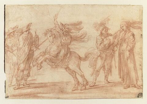 Deux figures armées, un cavalier, un homme jouant de la musique à une femme