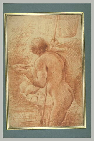 Jeune garçon nu, de dos,  pêchant avec une nasse, les jambes dans l'eau, image 1/1