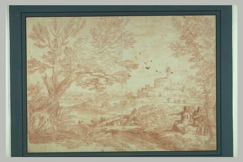 Paysage avec un couple, et des paysans labourant, près d'une ville, image 2/2