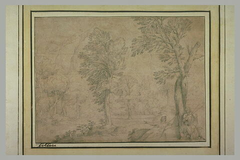 Paysage boisé, avec des montagnes et deux hommes assis au pied d'un arbre