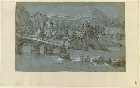 Dans un paysage montagneux, une ville près d'une rivière avec un pont coupé