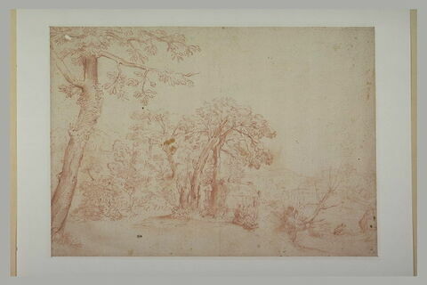 Dans un bois bordé d'une rivière, une femme filant, et deux rameurs, image 2/2