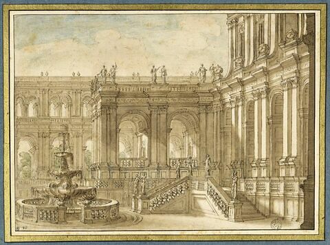 Cour d'un palais avec une fontaine, et de nombreuses galeries