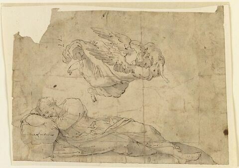 Un homme endormi et un ange volant tenant un bélier