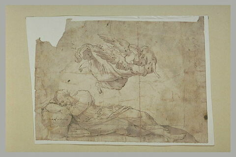 Un homme endormi et un ange volant tenant un bélier, image 2/2