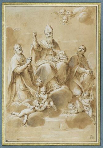 Saint Nicolas, évêque de Mira au milieu de deux saints sur des nuages