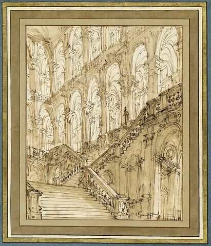 Vue de l'intérieur d'un palais, avec un grand escalier et de hautes galeries