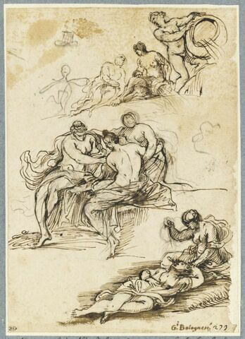 Scène de meurtre, trois figures assises, demi nues, figures avec des vases, image 1/2