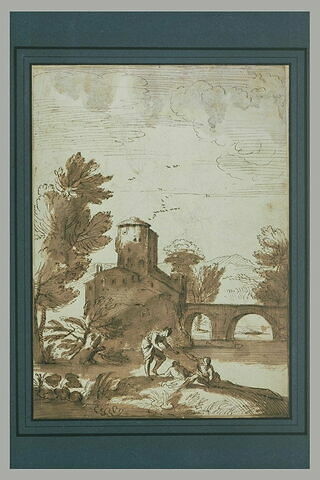 Trois baigneurs dans un paysage, avec un bâtiment près d'un pont, image 2/2