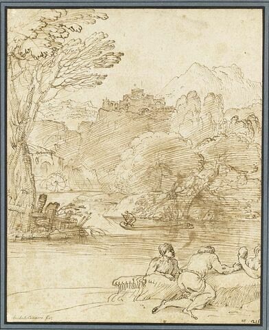 Baigneurs, homme sur une barque dans un paysage montagneux, avec un moulin, image 1/2