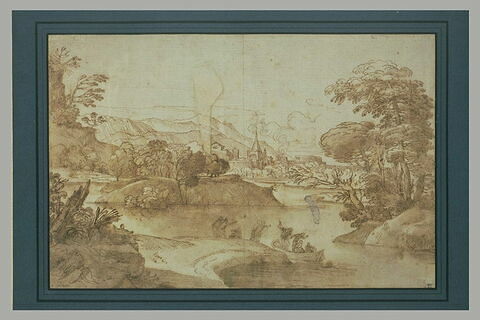Figures dans un paysage avec une rivière et une cité fortifiée au loin, image 2/2