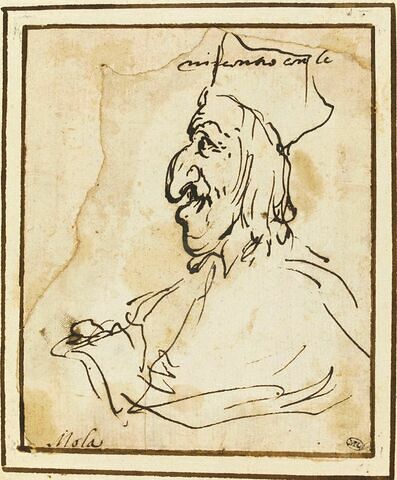 Caricature : homme, vu en buste, coiffé d'un bonnet carré