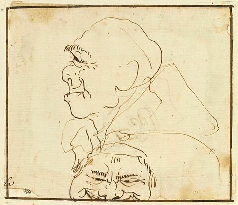 Caricature : tête d'homme, vue de profil et de face