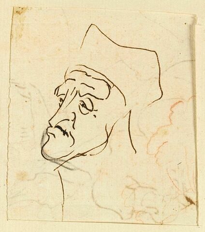 Caricature : tête d'homme, coiffé d'un bonnet carré