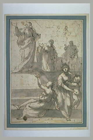 Femme et enfant et une figure assise, deux hommes debout et un cavalier, image 2/2