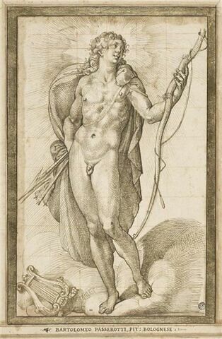Apollon debout, de face, tenant son arc et des flèches, la lyre à ses pieds