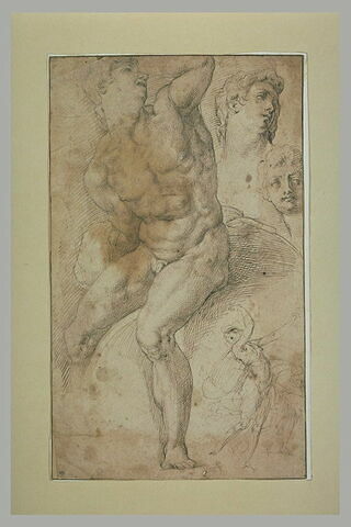 Etudes : homme nu assis sur un rocher ; deux têtes ; deux figures animées, image 2/2