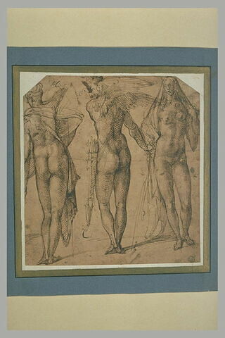 Deux figures nues, vues de dos, dont une ailée, et une femme nue de face, image 2/2