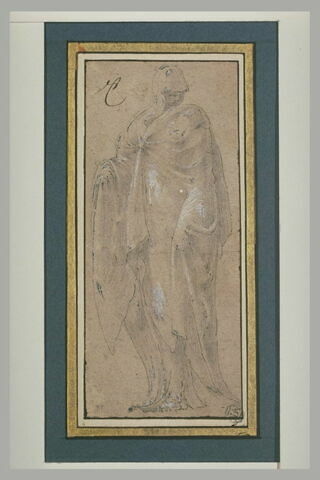 Figure de femme, drapée d'un grand manteau, la tête baissée, image 2/2