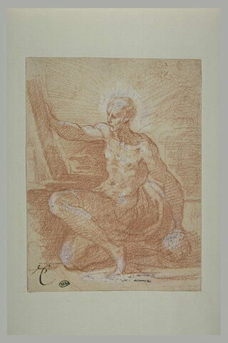 Saint Jérôme pénitent, nu, assis, la main droite sur un livre ouvert, image 2/2
