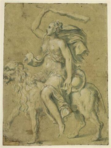 Femme brandissant une massue, à cheval sur un lion : allégorie de la Force, image 1/2