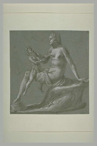 Petit satyre assis sur la jambe d'une femme, dont il caresse le sein, image 2/2