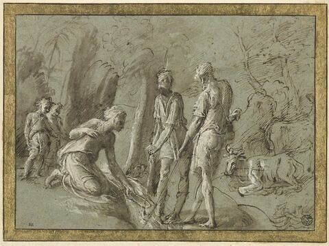 Deux bergers, une femme agenouillée et deux enfants dans un bois