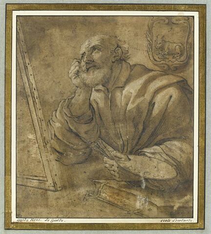 Un peintre assis, regardant un tableau placé sur une table, saint Luc