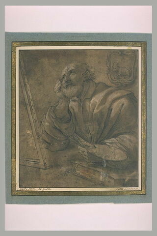 Un peintre assis, regardant un tableau placé sur une table, saint Luc, image 2/2