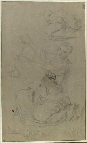Personnage drapé, agenouillé, reprises des bras, et étude de draperie, image 1/2
