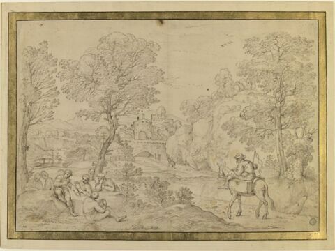 Vaste paysage boisé et vallonné, avec des personnages près d'un château, image 1/2