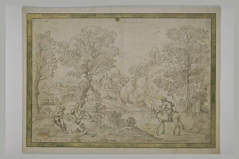 Vaste paysage boisé et vallonné, avec des personnages près d'un château, image 2/2