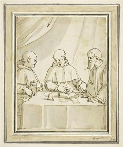 Trois moines assis autour d'une table, un livre ouvert devant eux