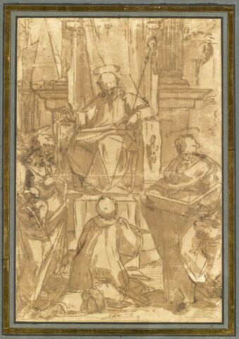 Saint Benoît assis entre saint Jean Baptiste et saint Luc
