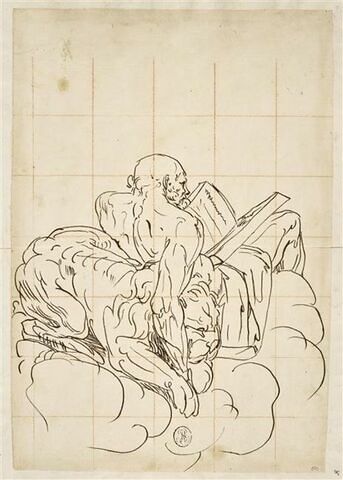 Saint Marc, assis sur des nuages, de dos, lisant