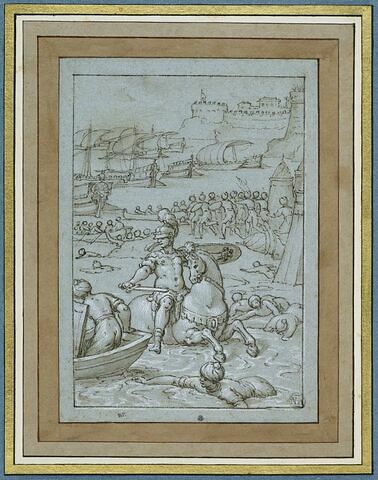 Bataille navale avec un cavalier attaquant un campement de turcs dansun port