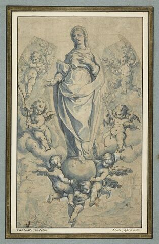 La Vierge debout sur un globe soutenu par des anges