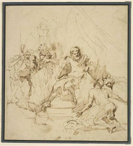 Scène d'histoire : trois figures à genoux devant un souverain et des soldats, image 1/2