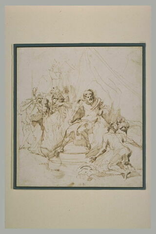 Scène d'histoire : trois figures à genoux devant un souverain et des soldats, image 2/2