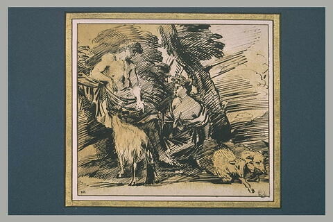 Un homme drapé assis entouré d'une femme agenouillée et de trois moutons, image 2/2