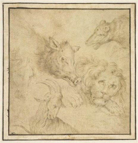 Etude de cinq têtes d'animaux : lion, bouc, cheval, sanglier, ours, image 1/2