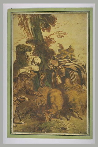Un homme tenant un chameau, et un autre près d'un âne chargé et des moutons, image 2/2