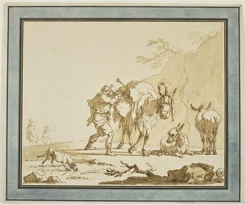 Muletier chargeant son mulet, et deux ânons, près d'un rocher